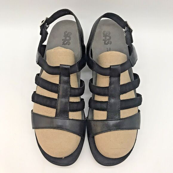 SAS Allegro Leather Heeled  Sandals Women's 11 M Strappy Black Elastic Mid Heels - Picture 5 of 11